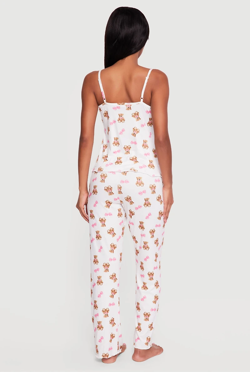 Teddy Bear Print V-Neck Pajama Cami and Pants Set