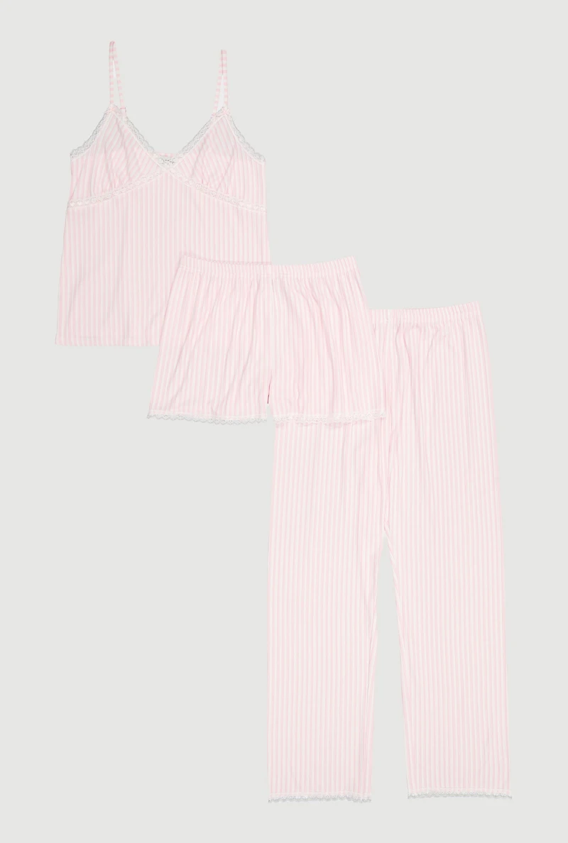 Striped Rib Knit Pajama Cami With Shorts and Pants