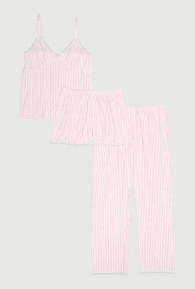 Striped Rib Knit Pajama Cami With Shorts and Pants