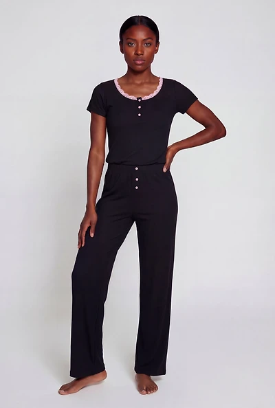 Contrast Lace Trim Henley Pajama Top and Lounge Pants