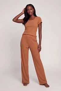 Ribbed Knit Pajama Henley Top and Pants Set