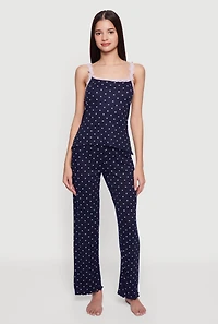 Lace Trim Polka Dot Ribbed Knit Pajama Cami and Pants