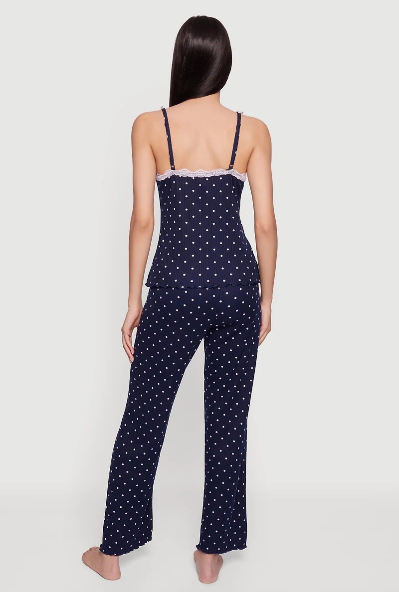 Lace Trim Polka Dot Ribbed Knit Pajama Cami and Pants