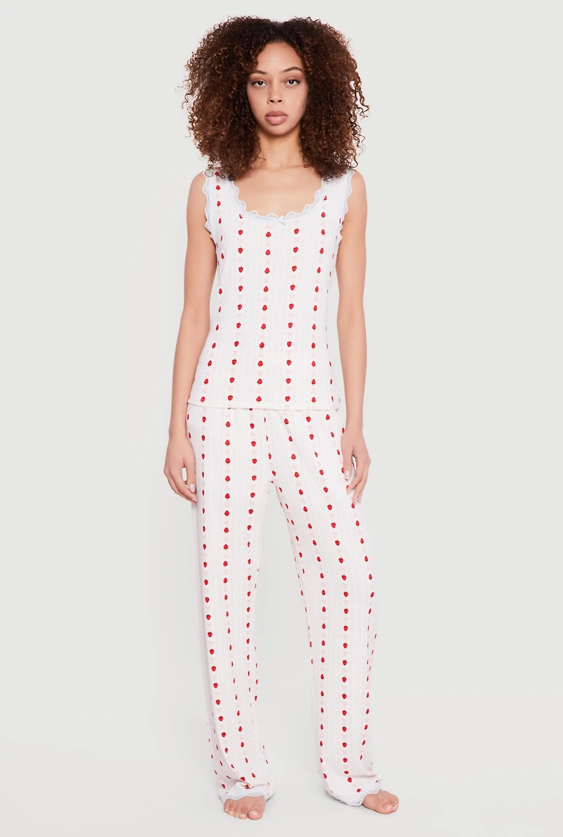 Strawberry Print Pajama Top with Pants and Shorts 3 Piece Set