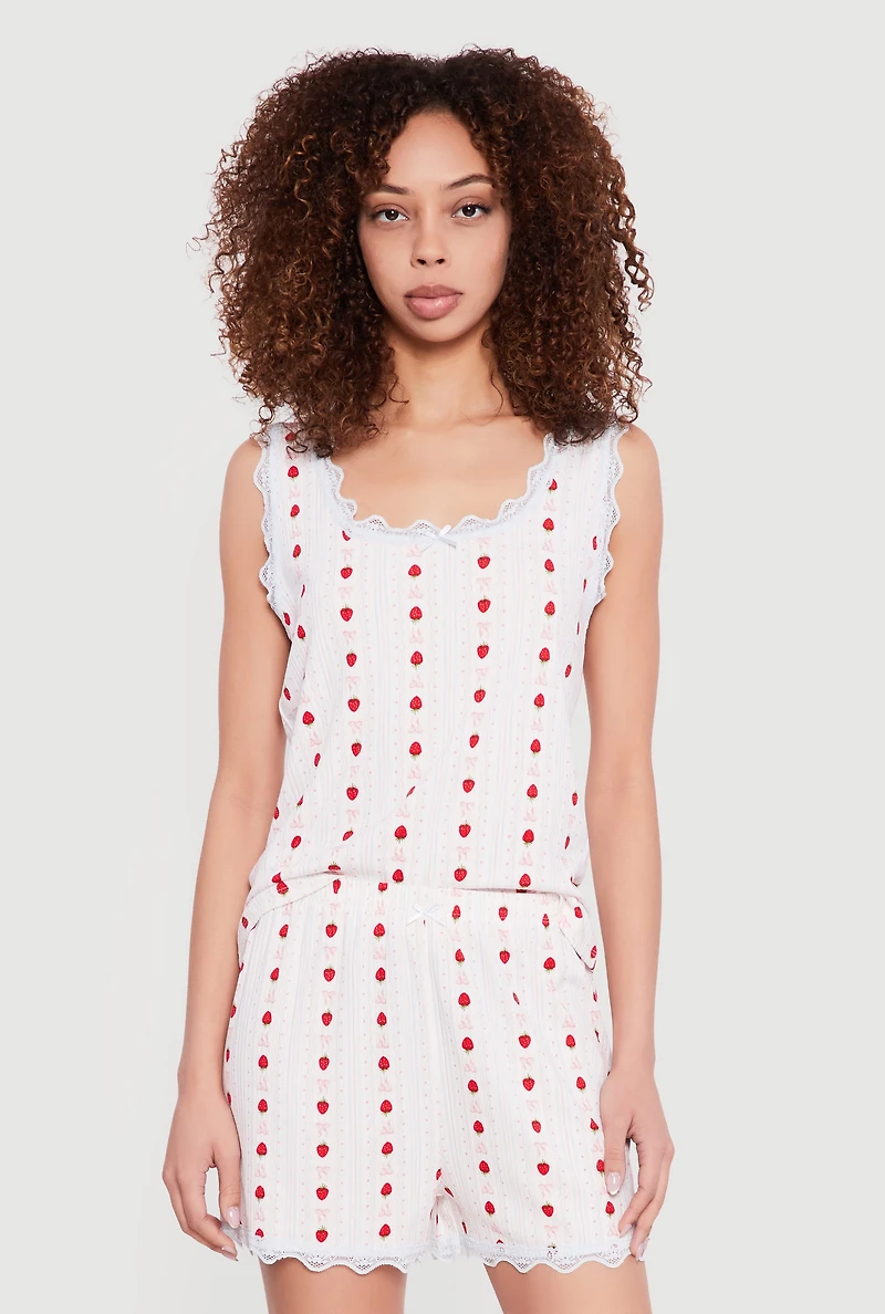 Strawberry Print Pajama Top with Pants and Shorts 3 Piece Set