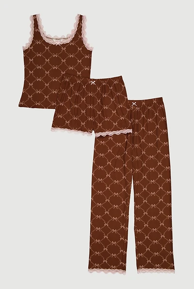Lattice Bow Print Pajama Top with Pants and Shorts 3 Piece Set