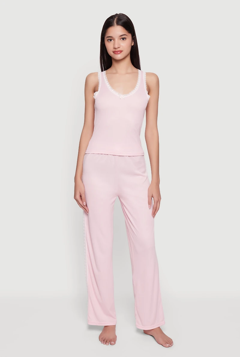 Sleeveless Ribbed Knit Lace Trim Pajama Top and Pants Set