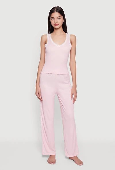 Sleeveless Ribbed Knit Lace Trim Pajama Top and Pants Set