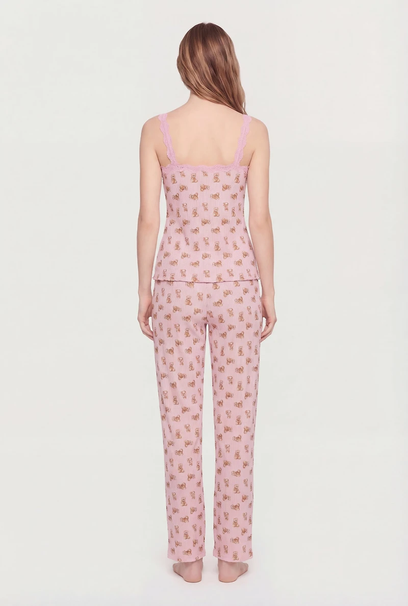 Ribbed Knit Teddy Bear Print Pajama Cami and Pants