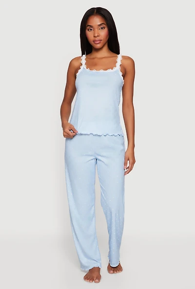 Lace Trim Lettuce Edge Polka Dot Pajama Top and Pants