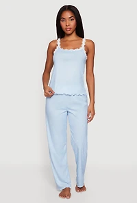 Lace Trim Lettuce Edge Polka Dot Pajama Top and Pants