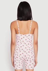 Womens Cherry Print Pajama Romper, Pink, Size L