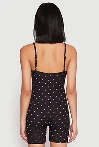 Womens Polka Dot Heart Print Pajama Romper, Black, Size M