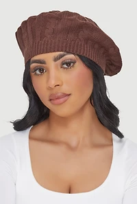 Womens Solid Cable Knit Beret, Brown