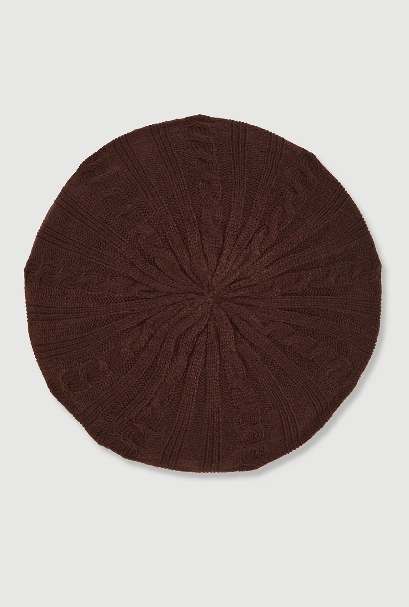 Womens Solid Cable Knit Beret, Brown