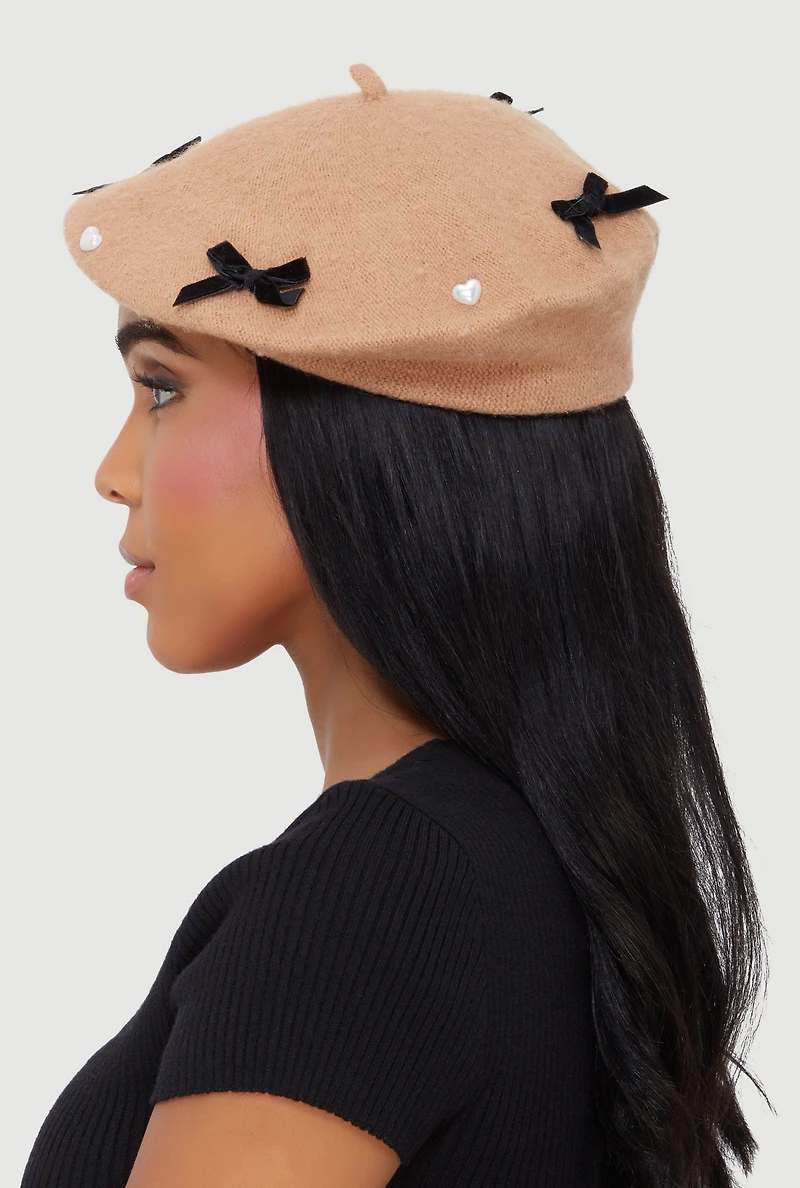 Faux Pearl Heart and Bow Detail Beret