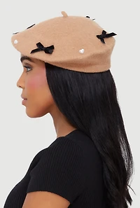 Faux Pearl Heart and Bow Detail Beret