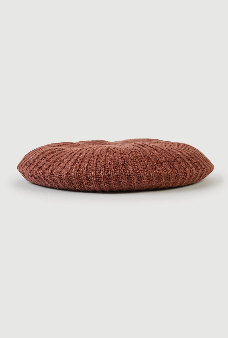 Womens Solid Ribbed Knit Beret, Brown