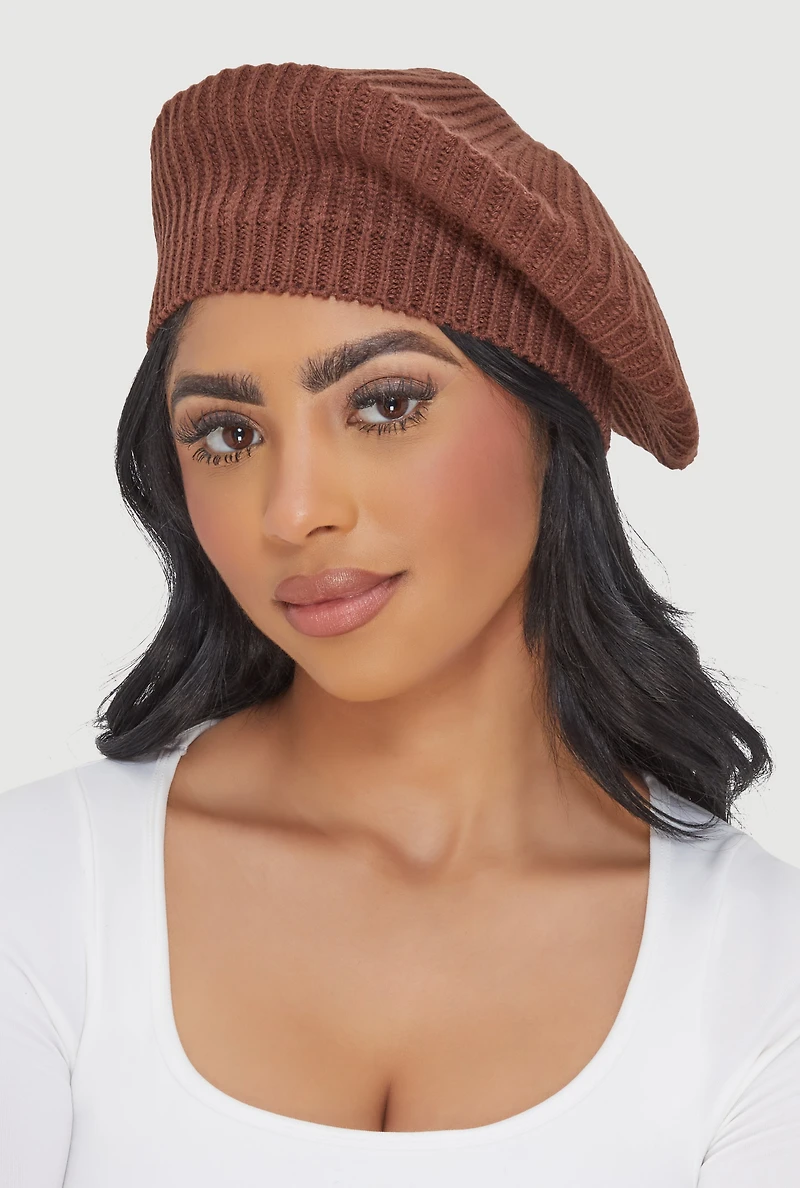 Womens Solid Ribbed Knit Beret, Brown