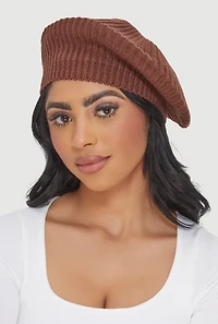 Womens Solid Ribbed Knit Beret, Brown