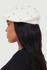 Womens Faux Pearl and Rhinestone Studded Wool Beret, White