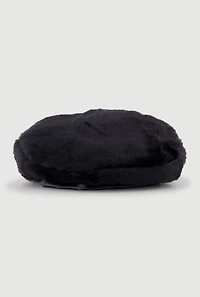 Faux Fur Beret with Faux Leather Trim