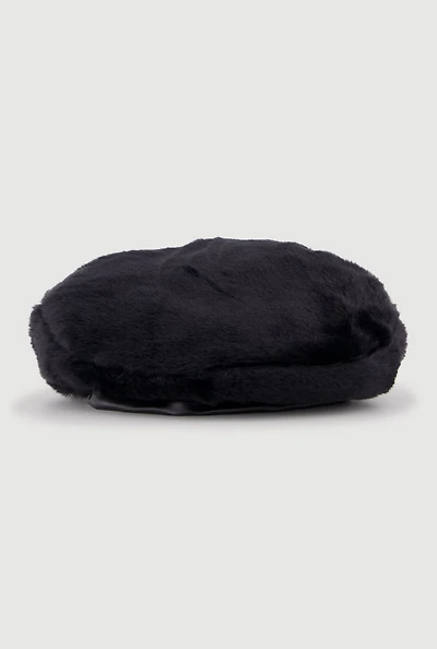Faux Fur Beret with Faux Leather Trim