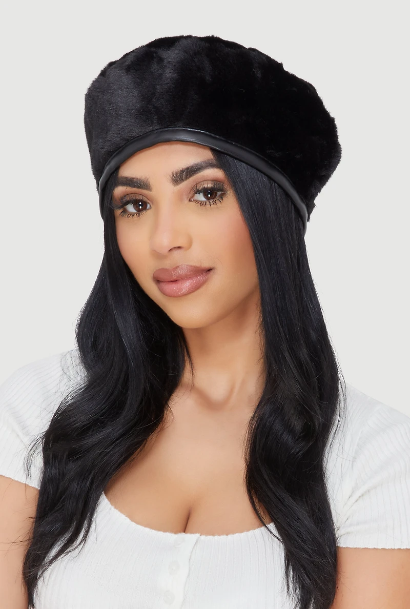 Faux Fur Beret with Faux Leather Trim