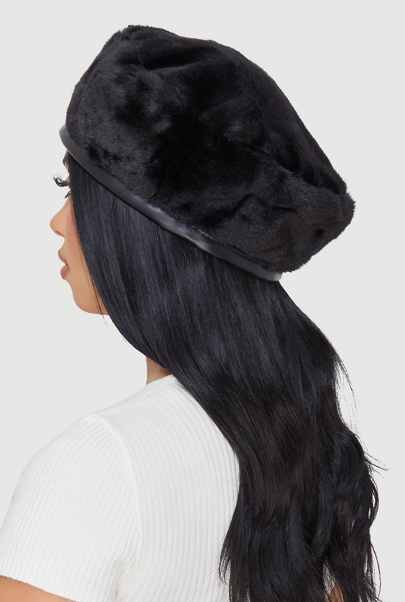 Faux Fur Beret with Faux Leather Trim
