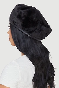Faux Fur Beret with Faux Leather Trim