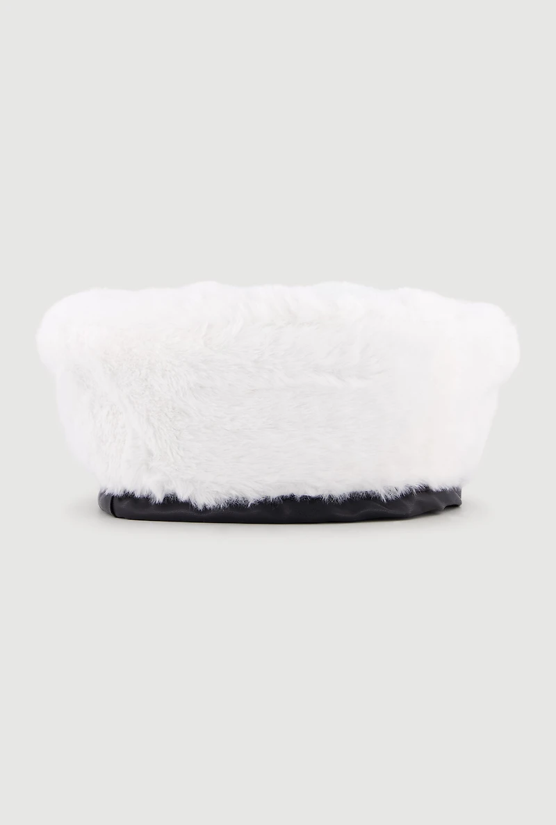 Faux Fur Beret with Faux Leather Trim