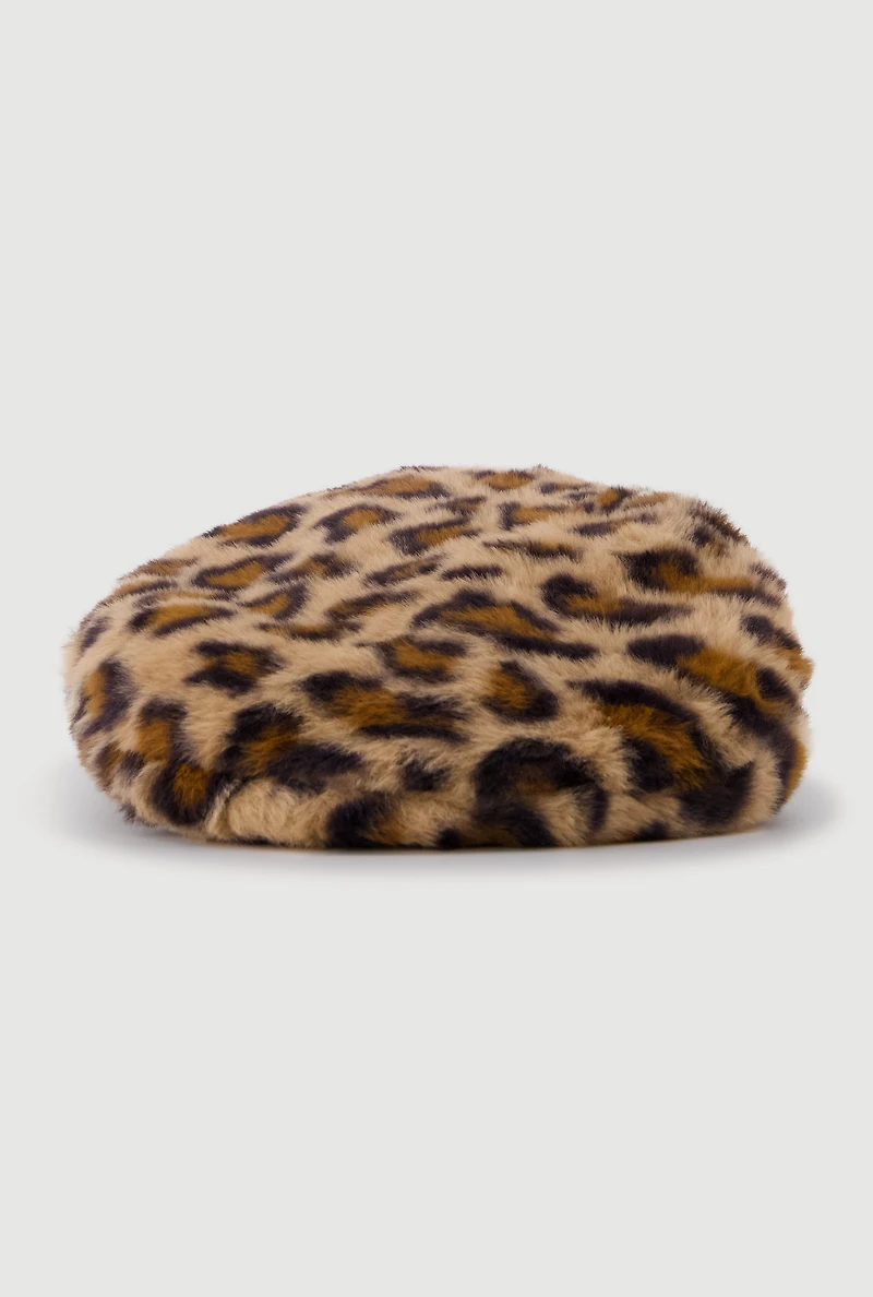 Faux Fur Beret with Faux Leather Trim