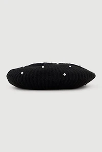 Lurex Rib Knit Faux Pearl Beret