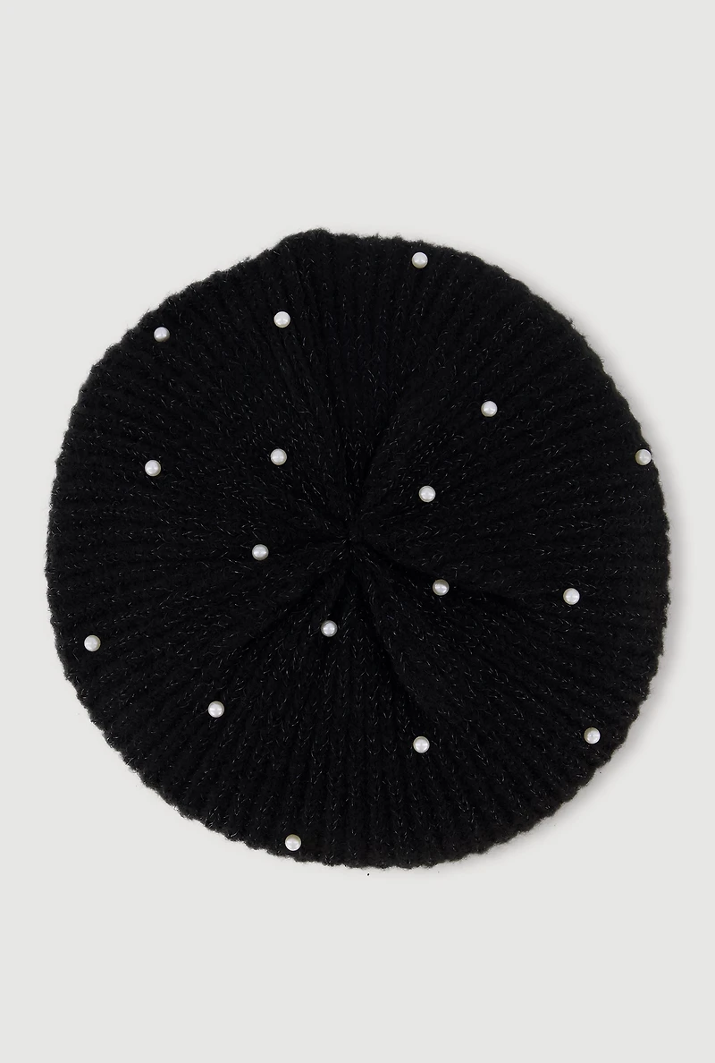 Lurex Rib Knit Faux Pearl Beret