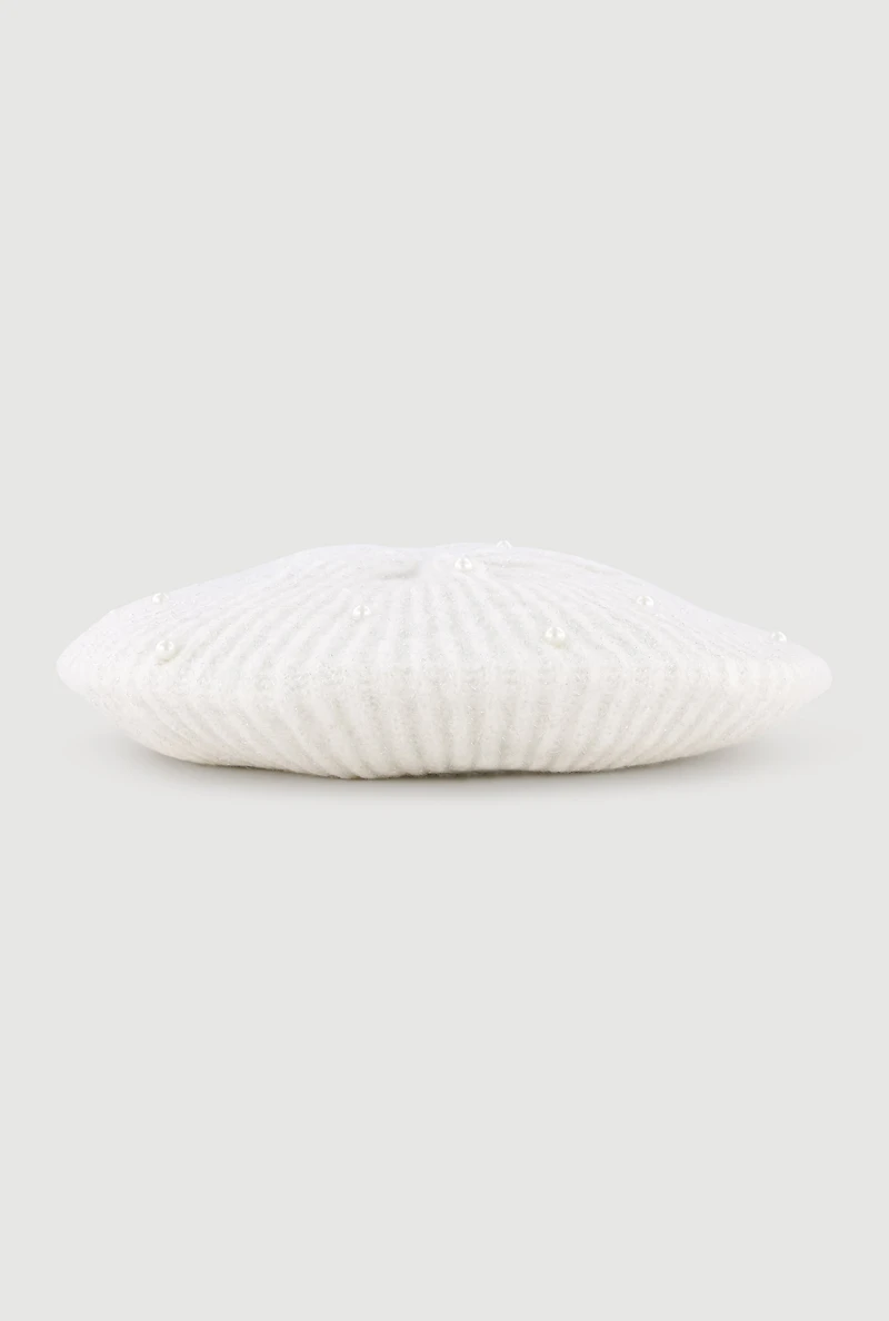 Womens Lurex Rib Knit Faux Pearl Beret, White