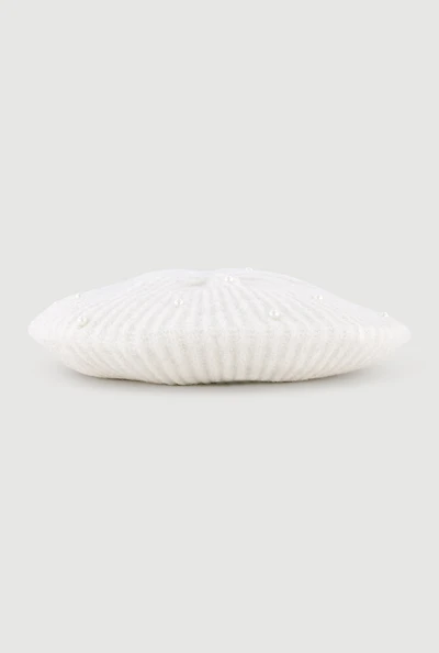 Womens Lurex Rib Knit Faux Pearl Beret, White