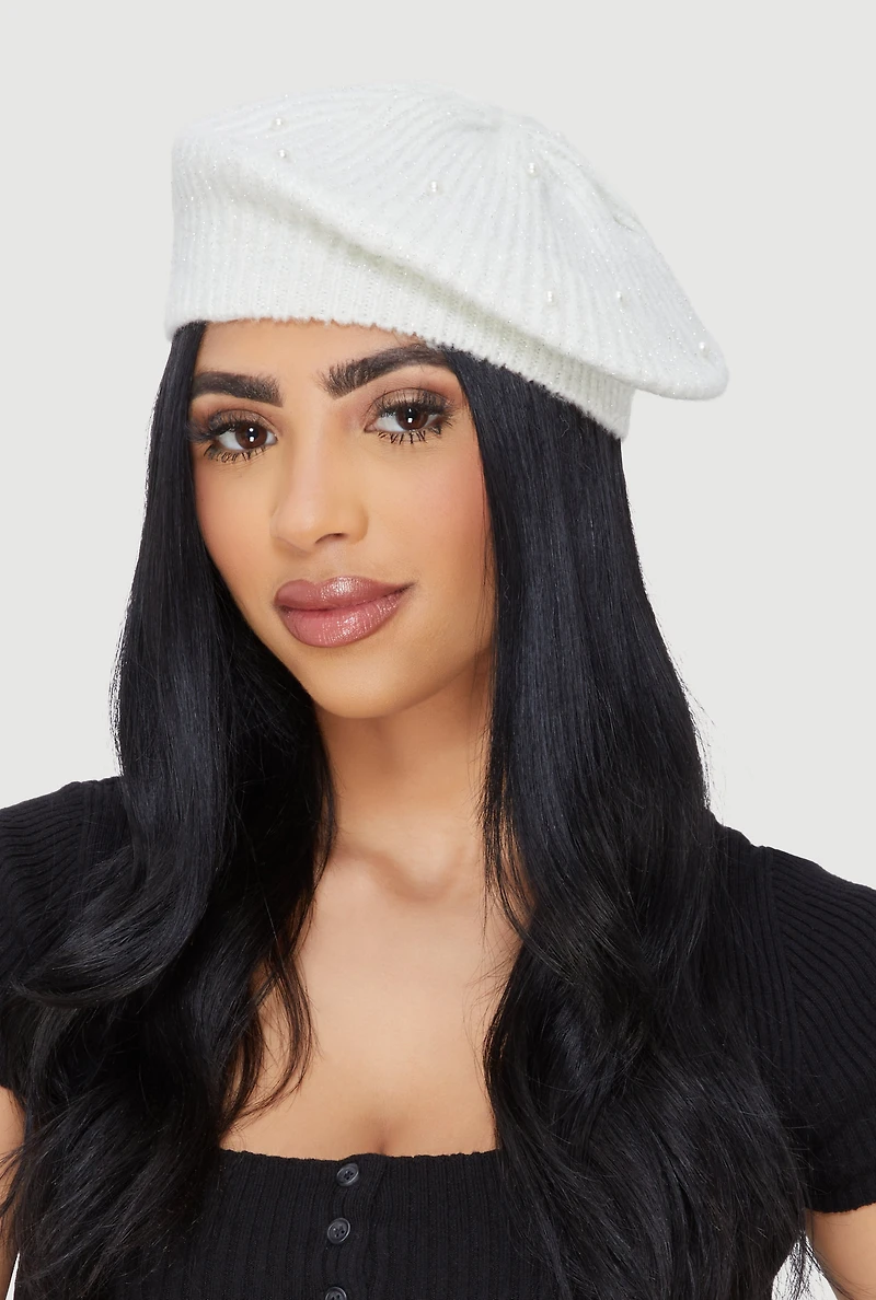 Womens Lurex Rib Knit Faux Pearl Beret, White