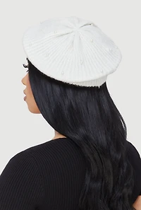 Lurex Rib Knit Faux Pearl Beret