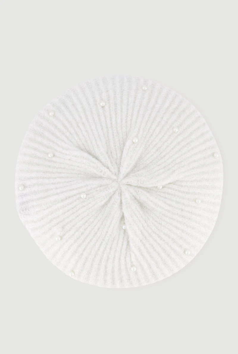 Womens Lurex Rib Knit Faux Pearl Beret, White