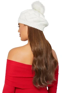 Womens Pom Pom Knit Beret, White