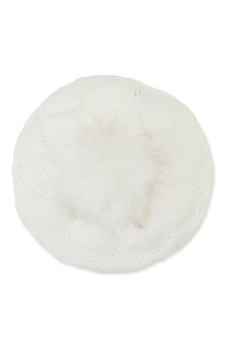 Womens Pom Pom Knit Beret, White