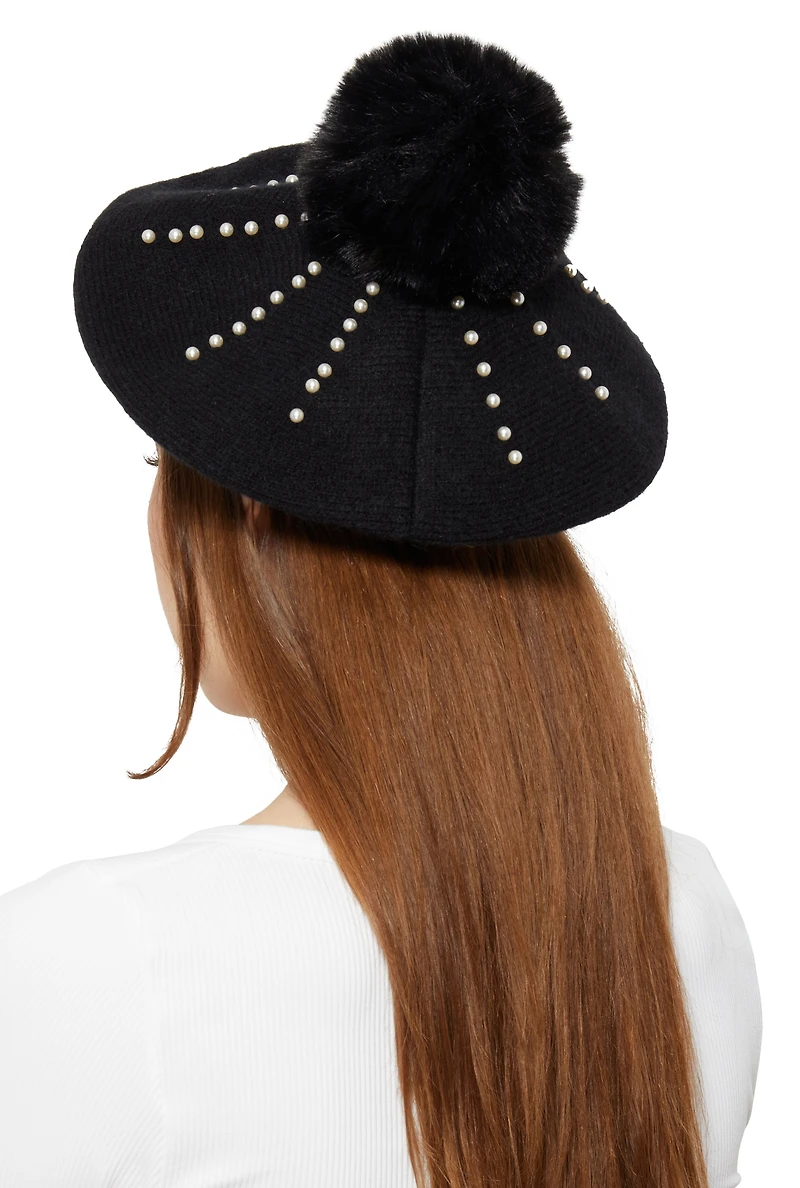 Faux Pearl Detail Pom Pom Beret