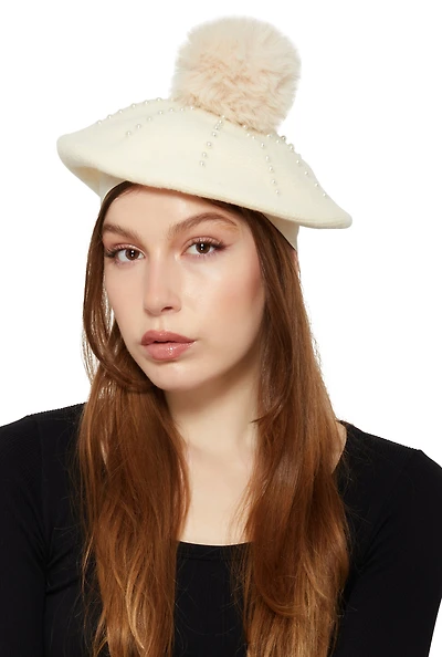 Womens Faux Pearl Detail Pom Pom Beret, Beige