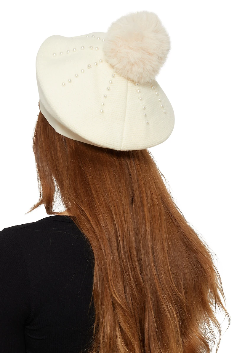 Womens Faux Pearl Detail Pom Pom Beret, Beige