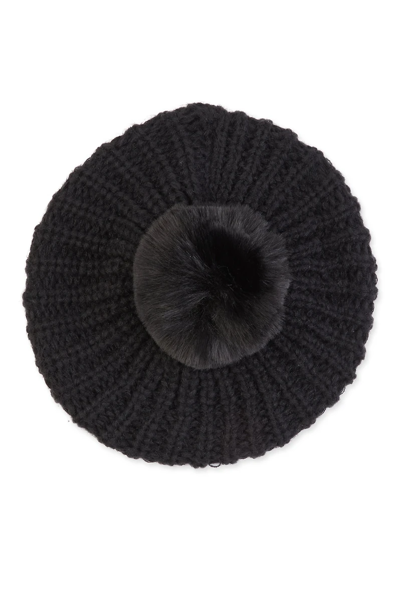 Womens Faux Fur Pom Pom Knit Beret, Black