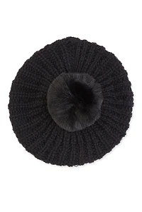 Womens Faux Fur Pom Pom Knit Beret, Black