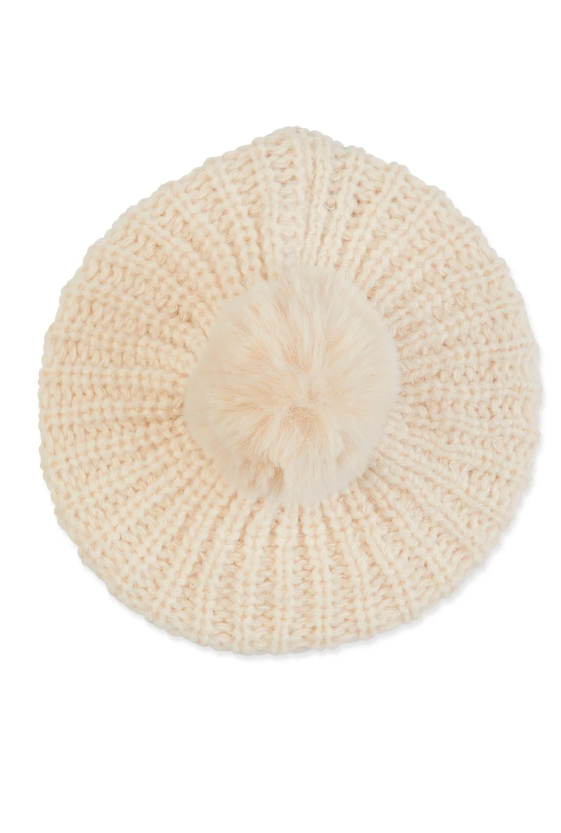 Womens Faux Fur Pom Pom Knit Beret, Beige