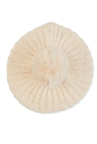 Womens Faux Fur Pom Pom Knit Beret, Beige