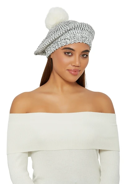 Womens Spacedye Knit Pom Pom Slouch Beret, White