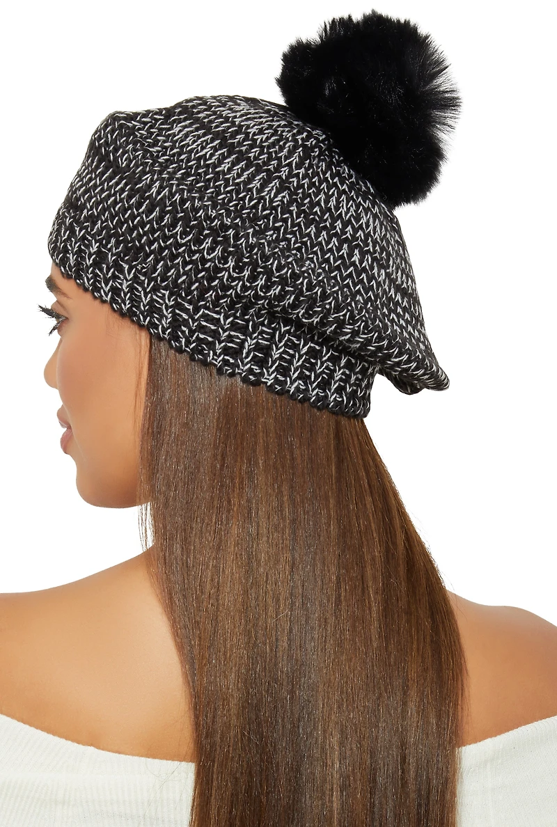Womens Spacedye Knit Pom Pom Slouch Beret, Black